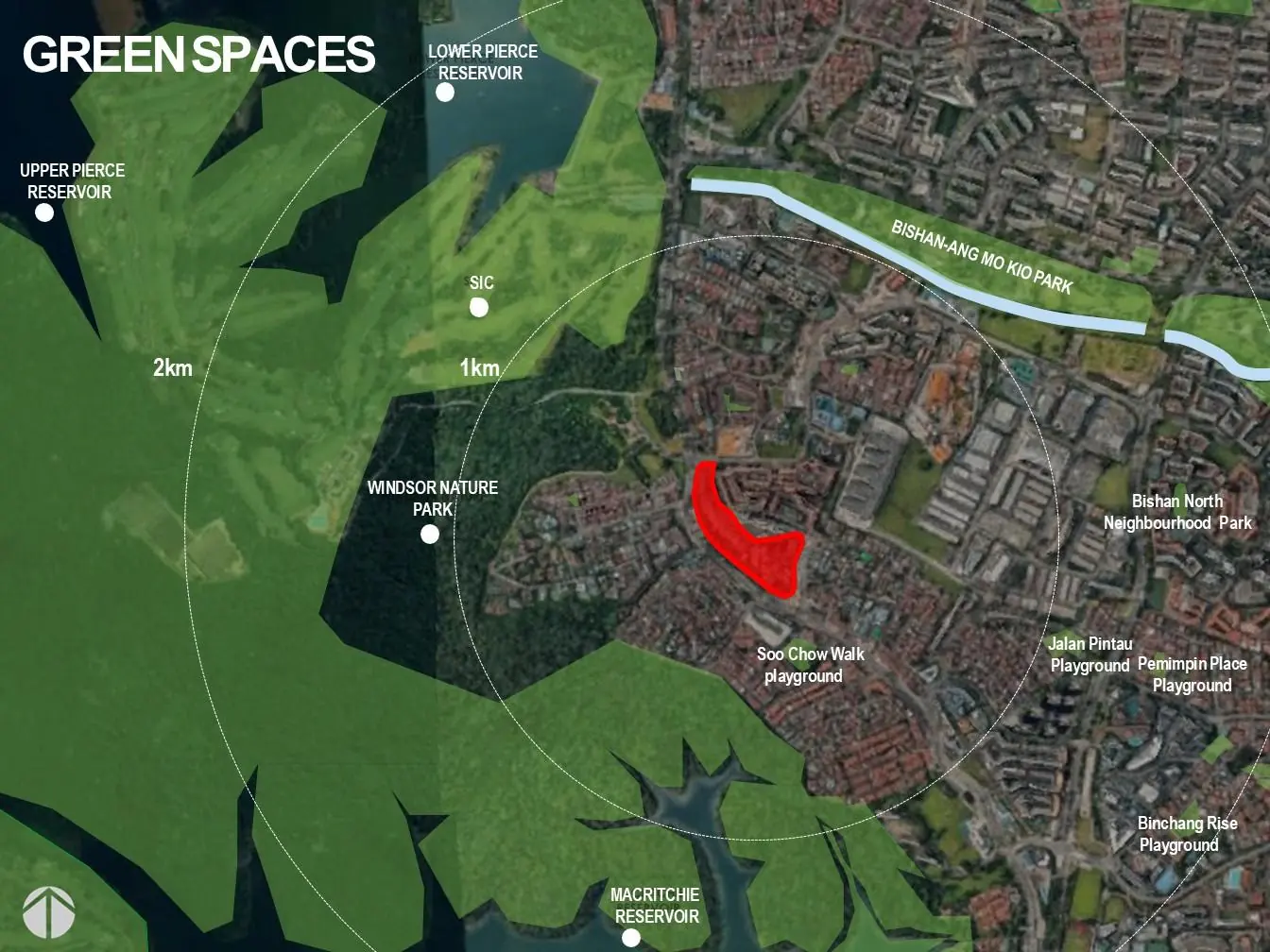Map of green spaces and reservoirs around Thomson Reserve in Upper Thomson